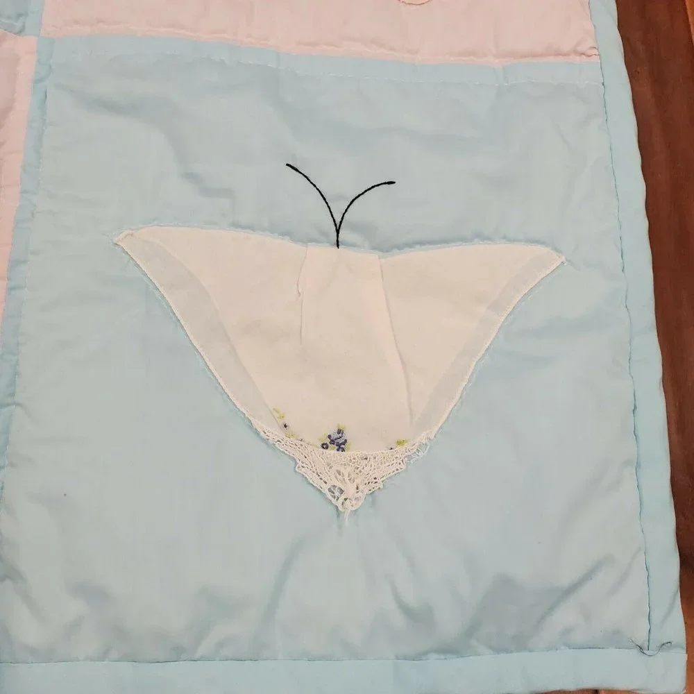 Vintage Butterfly‎ Floral Quilt Tapestry Embroidered Pastel Blue Pink 42 x 42